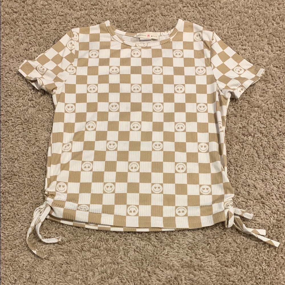 Kids Checkered Smiley Face Shirt - Tan and White